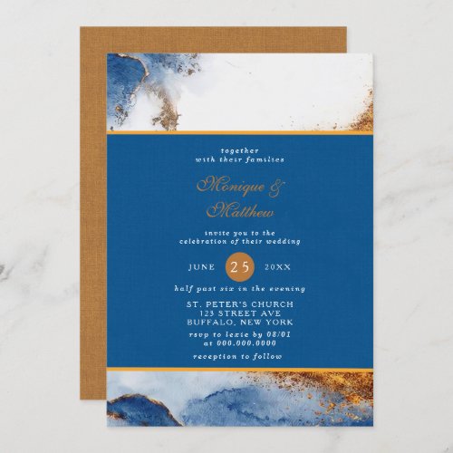 Blue Rust Copper Watercolor Agate Wedding Invitation