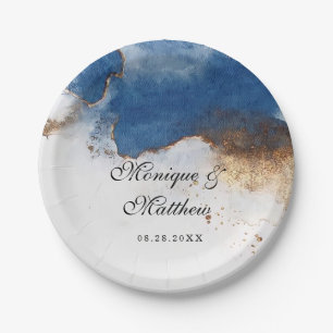 Blue Rust Copper Watercolor Agate Wedding Paper Plates