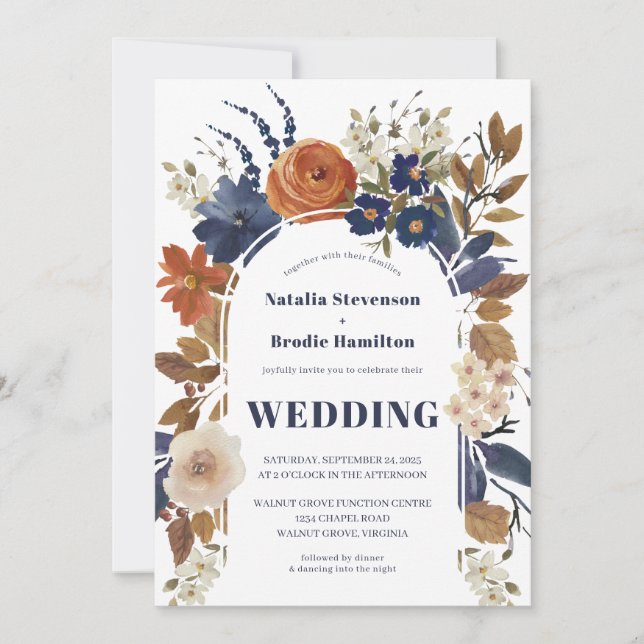 Blue Rust Floral Boho Wedding Invitation (Front)