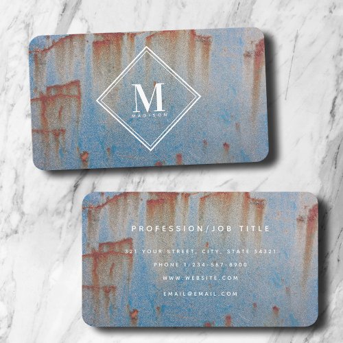 Blue Rust Metallic Texture Monogram Initial Business Card