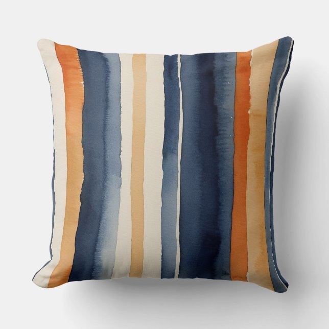 Blue, rust orange abstract stripes throw pillow (Front)