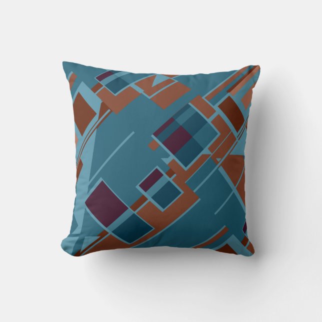 Blue Rust Tan Burgundy Diagonal Art MCM Look Motif Throw Pillow (Front)