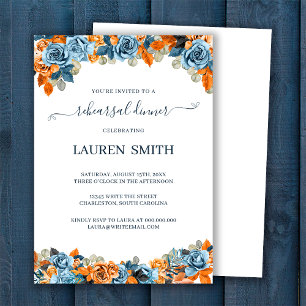 Blue Rust Terracota Fall Wedding Rehearsal Dinner Invitation