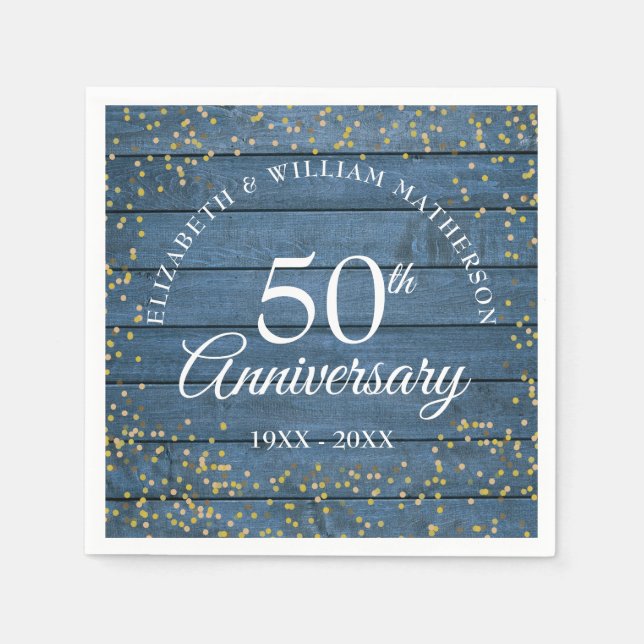 Blue Rustic 50th Anniversary Gold Dust Confetti Napkins (Front)