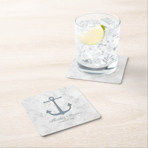 Blue Rustic Anchor Wedding Square Paper Coaster