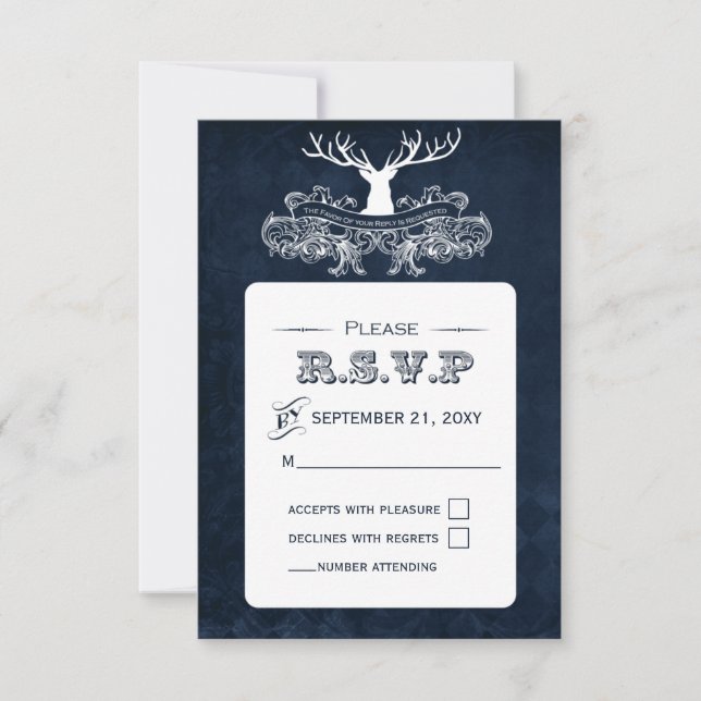 Blue Rustic Antler Deer Winter Woodland Wedding RSVP Card (Front)