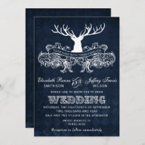 Blue Rustic Antler Deer Woodland Wedding Invitation