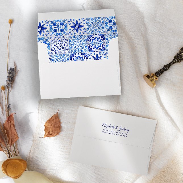 Blue Rustic Azulejos Tiles Wedding Envelope (Creator Uploaded)