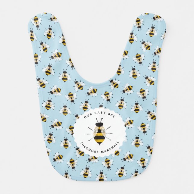 Blue Rustic Baby Bee Patterned Custom Shower Gift Baby Bib (Front)