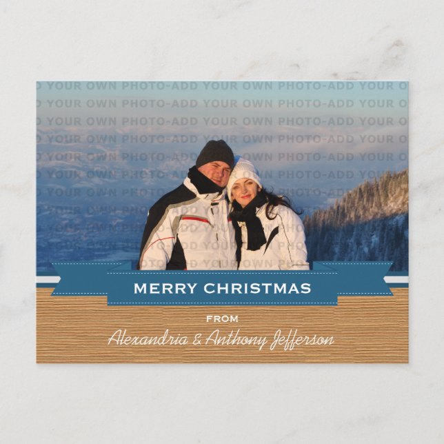 Blue Rustic Banner Holiday Photo Postcard (Front)