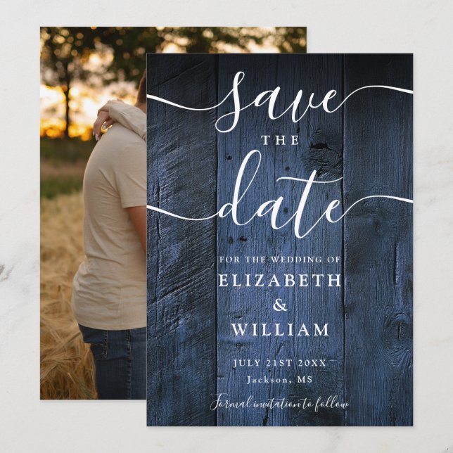 Blue Rustic Barn Wood Boho Chic Photo Wedding  Save The Date (Front/Back)