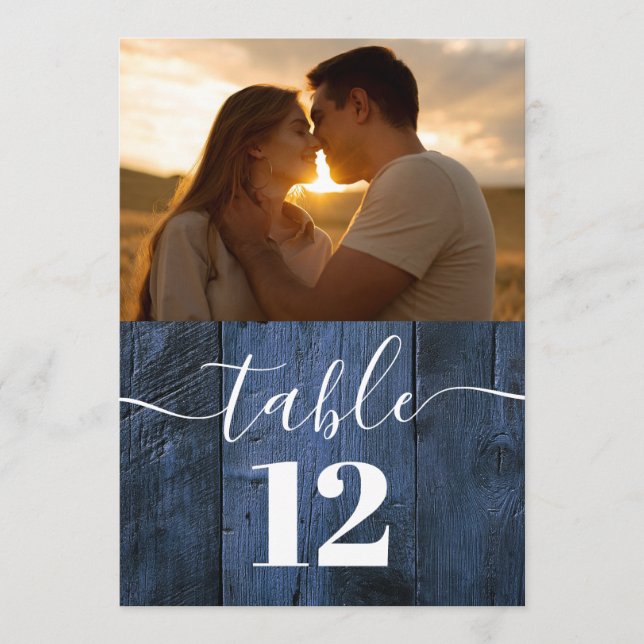 Blue Rustic Barn Wood Boho Photo Table Number (Front)