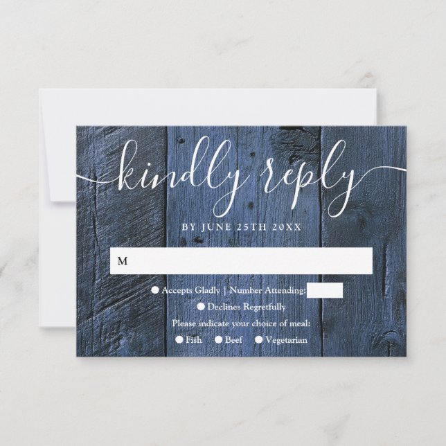 Blue Rustic Barn Wood Boho Western Wedding RSVP Card (Front)