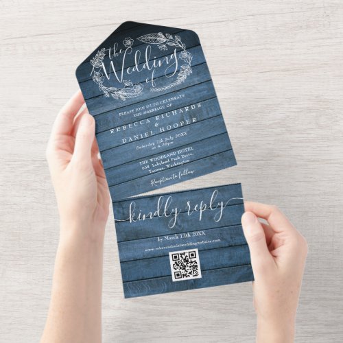 Blue Rustic Barn Wood QR Code Floral Wedding All In One Invitation