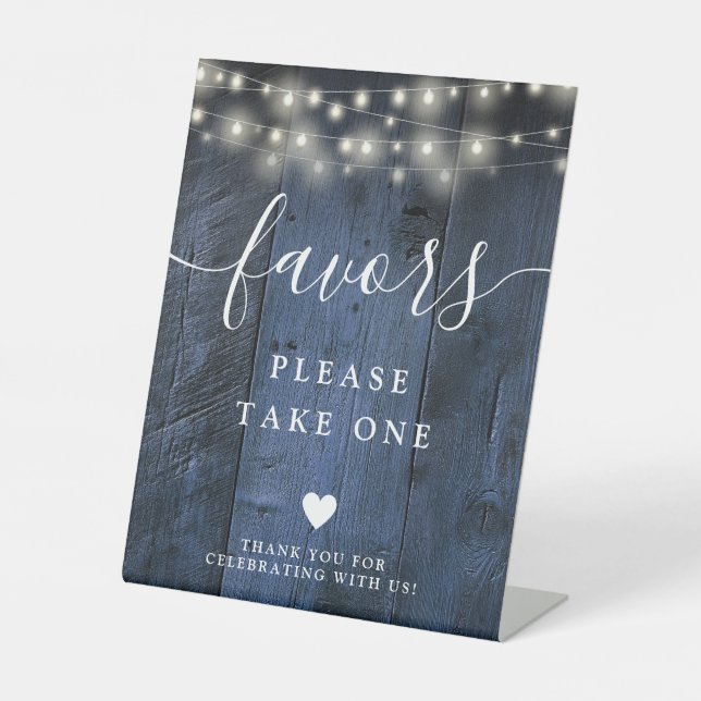 Blue Rustic Barn Wood String Lights Favors Pedestal Sign (Front)