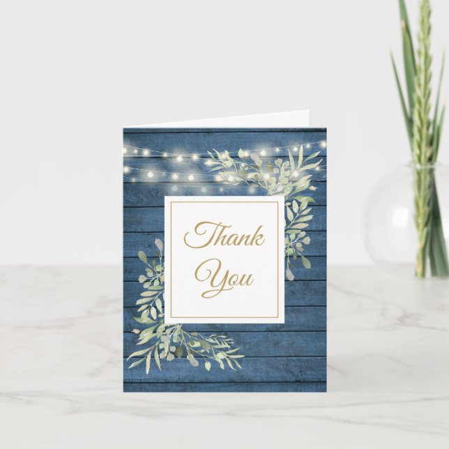 Blue Rustic Barn Wood String Lights Greenery Photo Thank You Card (Front)