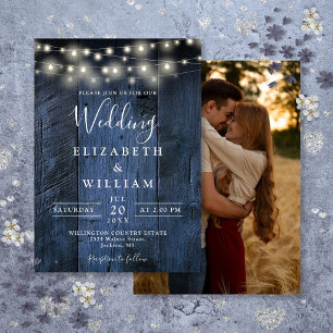 Blue Rustic Barn Wood String Lights Photo Wedding Invitation