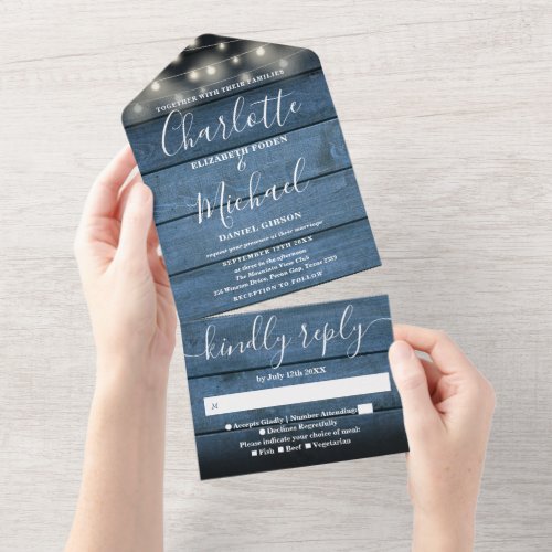 Blue Rustic Barn Wood String Lights Wedding  All In One Invitation