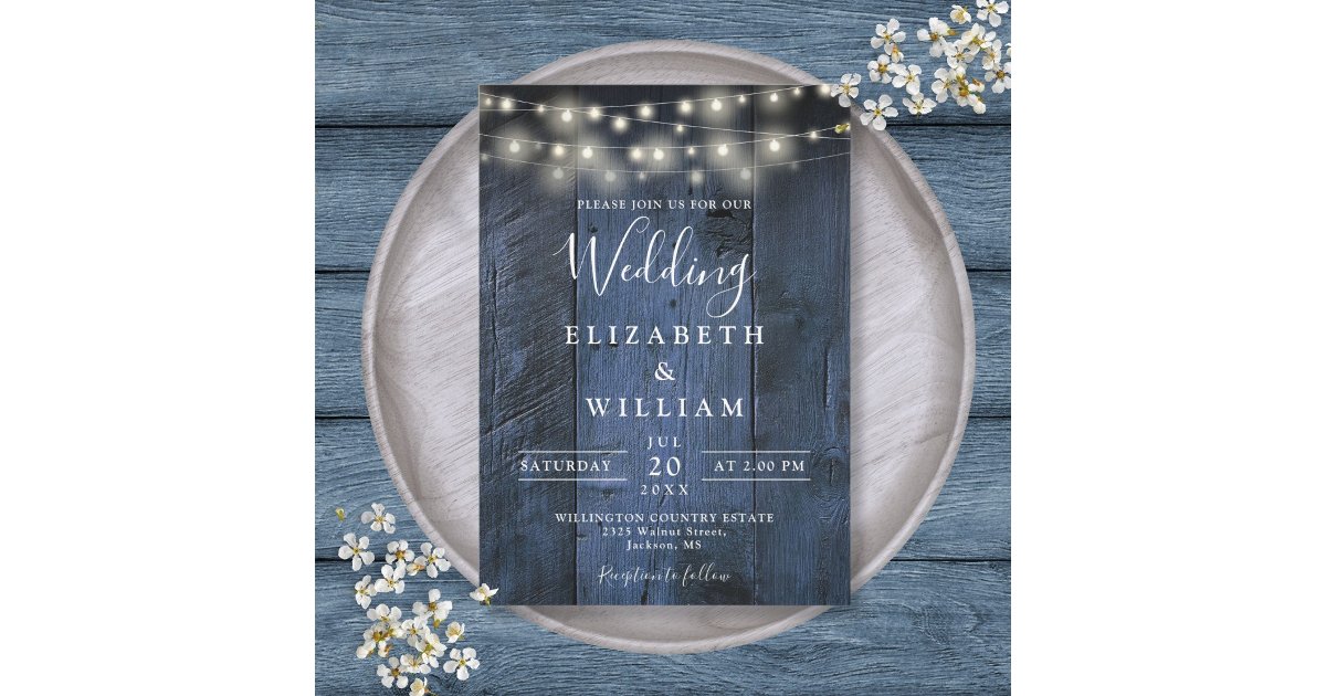 Blue Rustic Barn Wood String Lights Wedding Invitation | Zazzle