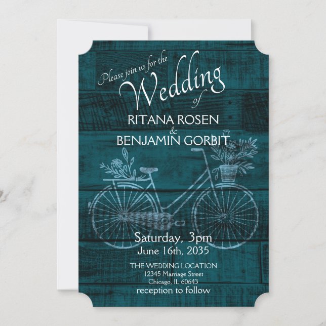 Blue Rustic Bicycle Wedding Invitation (Front)