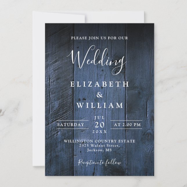 Blue Rustic Boho Elegant Barn Wood Wedding Invitation (Front)
