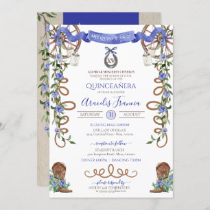 Blue Rustic Boho Western Charra Theme Quinceanera Invitation