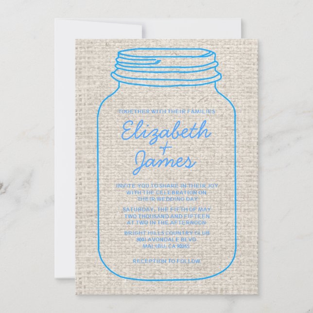 Blue Rustic Burlap Mason Jar Wedding Invitations (Front)