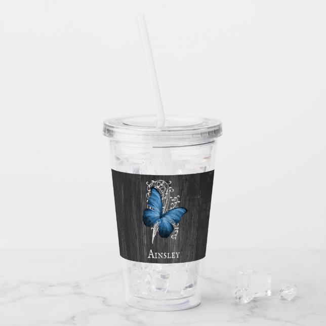 Blue Rustic Butterfly Personalized Acrylic Tumbler (Front Ice)