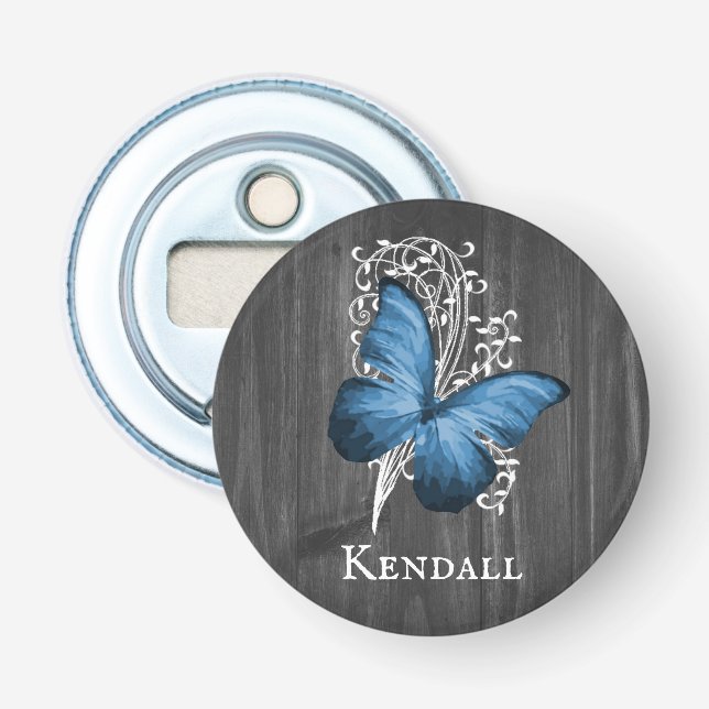 Blue Rustic Butterfly Personalized Bottle Opener (Front)