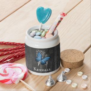 Blue Rustic Butterfly Personalized Candy Jar