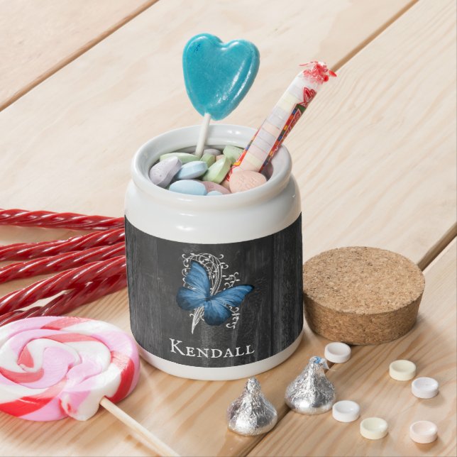 Blue Rustic Butterfly Personalized Candy Jar (In Situ)