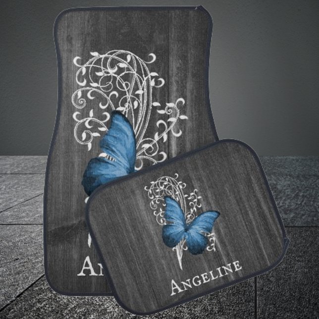 Blue Rustic Butterfly Personalized Car Floor Mat (Blue Rustic Butterfly Personalized Car Mats)