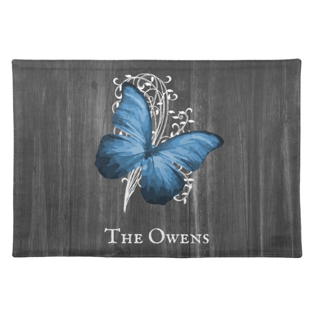 Blue Rustic Butterfly Personalized Cloth Placemat (Front)