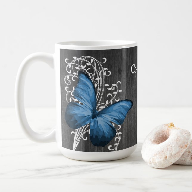 Blue Rustic Butterfly Personalized Coffee Mug (With Donut)
