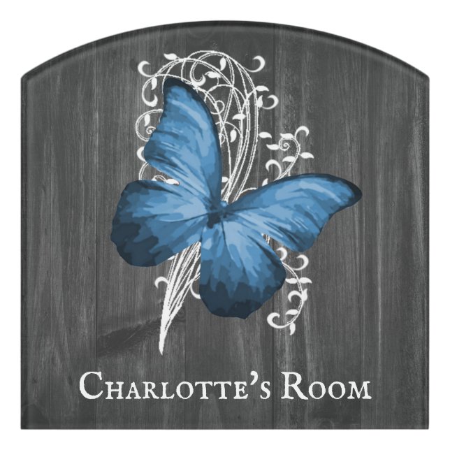 Blue Rustic Butterfly Personalized Door Sign (Contour Front)