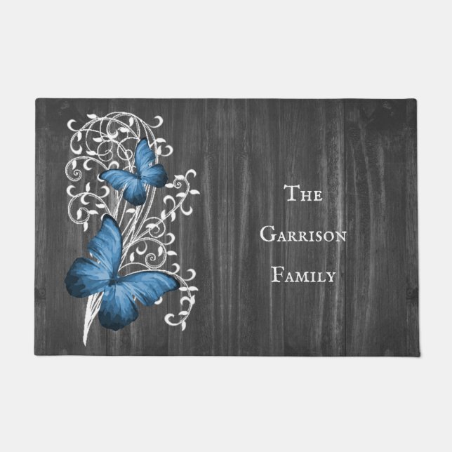 Blue Rustic Butterfly Personalized Doormat (Front)