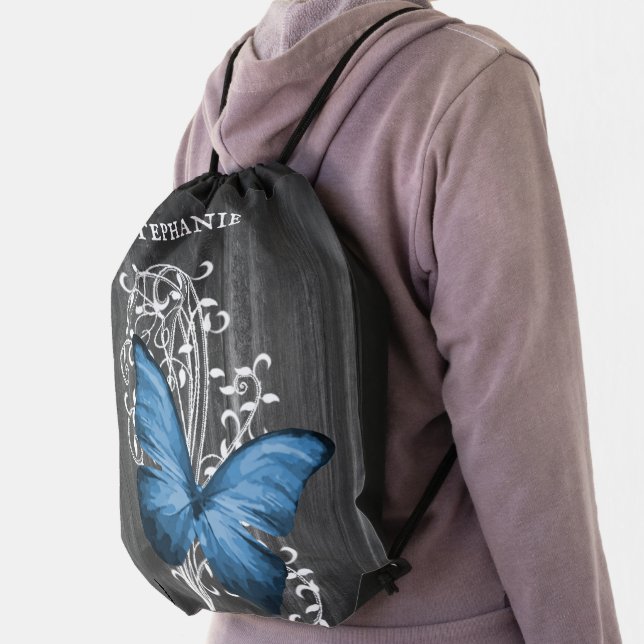 Blue Rustic Butterfly Personalized Drawstring Bag (Insitu)