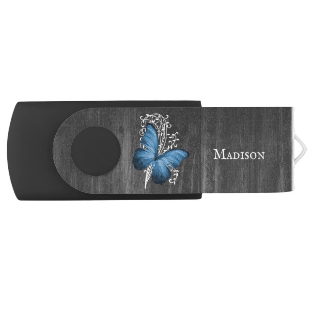 Blue Rustic Butterfly Personalized Flash Drive (Front)