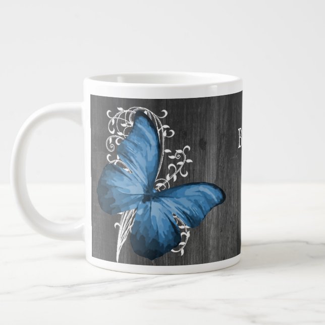 Blue Rustic Butterfly Personalized Giant Coffee Mug (Left)