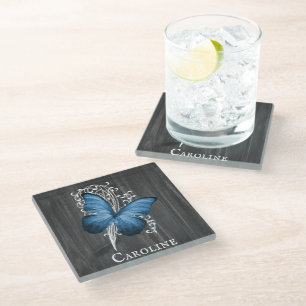 Blue Rustic Butterfly Personalized Glass Coaster