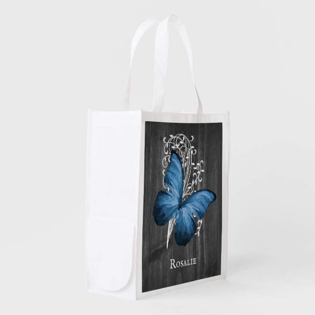 Blue Rustic Butterfly Personalized Grocery Bag (Front Side)