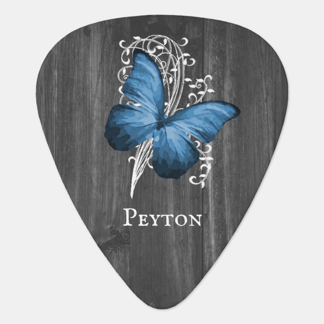 Blue Rustic Butterfly Personalized Guitar Pick (Front)