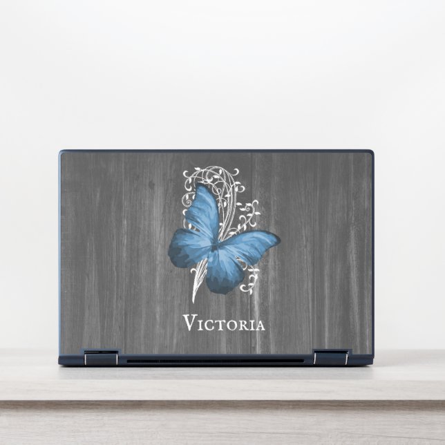 Blue Rustic Butterfly Personalized HP Laptop Skin (Front)