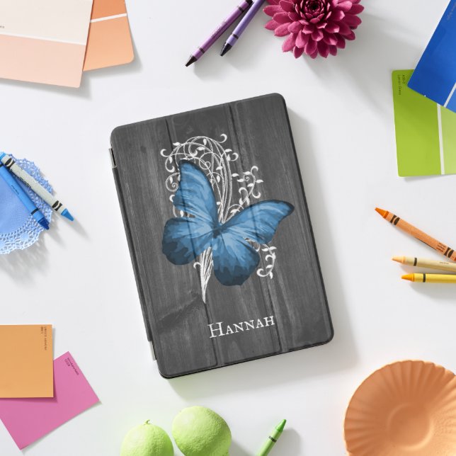Blue Rustic Butterfly Personalized iPad Pro Cover (Desk)