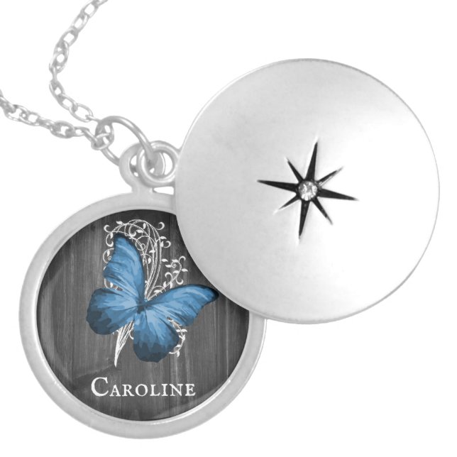 Blue Rustic Butterfly Personalized Locket Necklace (Front)