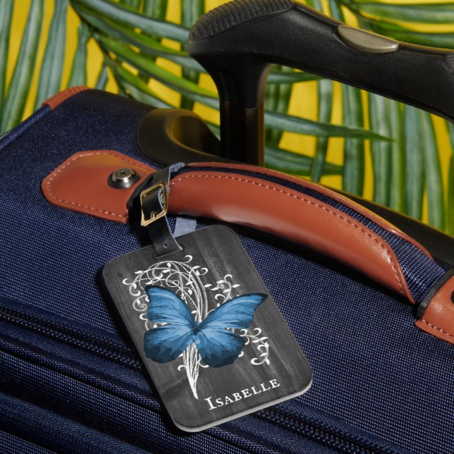 Blue Rustic Butterfly Personalized Luggage Tag (Front Insitu 1)