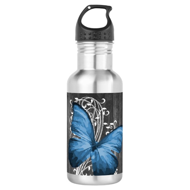 Blue Rustic Butterfly Personalized Stainless Steel Water Bottle (Front)
