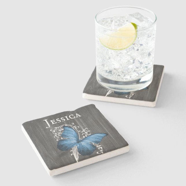 Blue Rustic Butterfly Personalized Stone Coaster (Side)