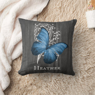 Blue Rustic Butterfly Personalized Throw Pillow