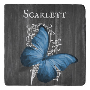 Blue Rustic Butterfly Personalized Trivet